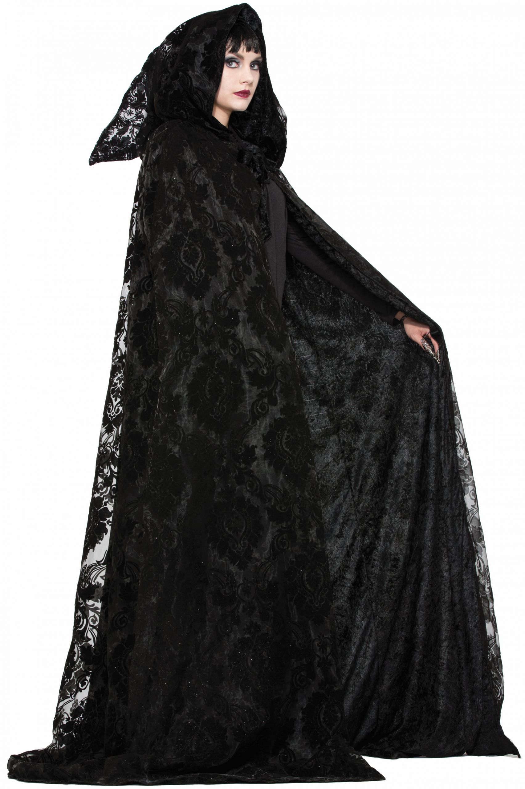 Black Cape Costume Lovely Deluxe Witches Wizards Reversible Midnight Cloak Hood Velvet Black Cape