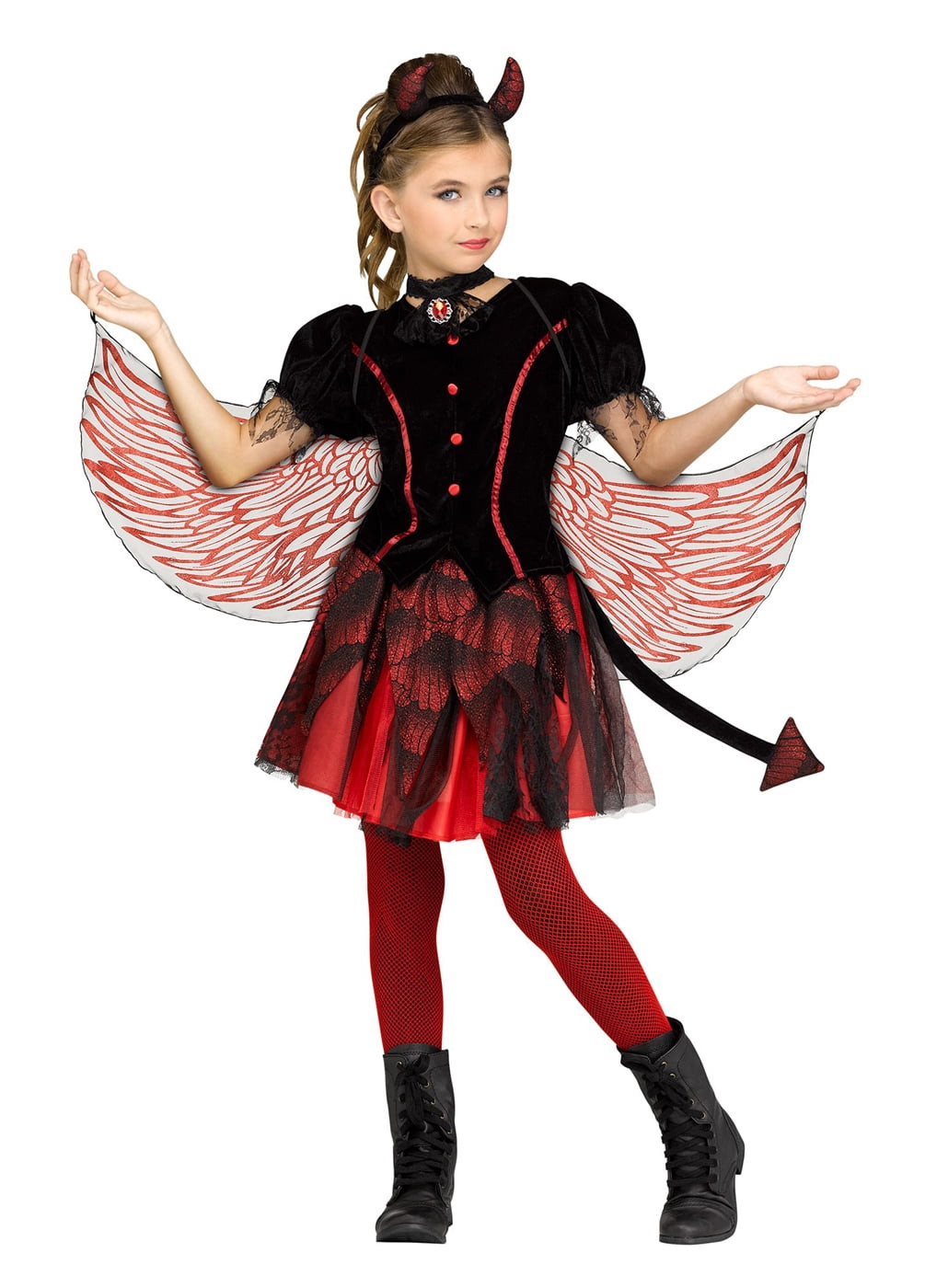 Girls Devil Costume Beautiful Fiery Devil Girls Child Demon Winged Devil Halloween Costume S