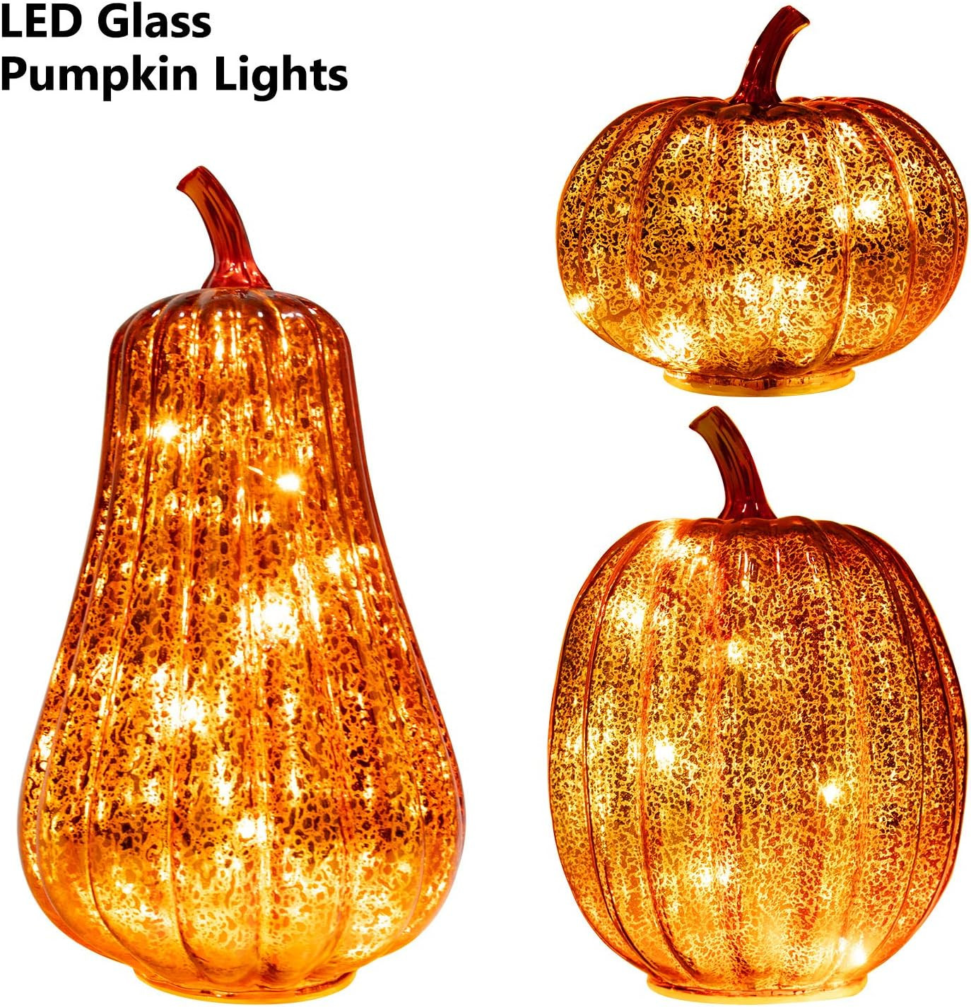 Glass Pumpkin Lights Fresh Art Beauty Lighted Pumpkin Figurine with Timer Set Of 3 Mercury Glass