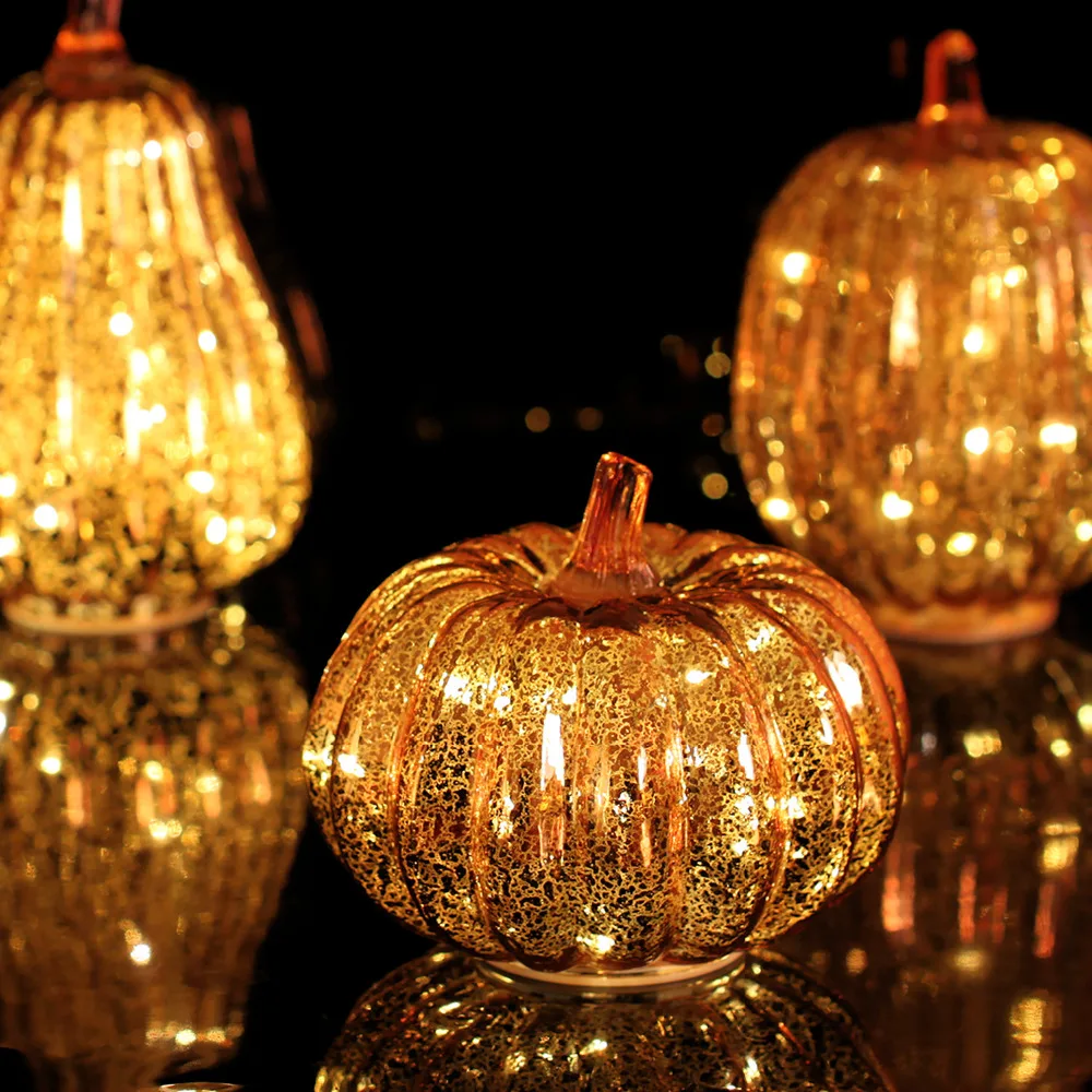 Led Lighted Pumpkins Unique Glass Pumpkins Led Light with Timer for Autumn Decor orange In Candle