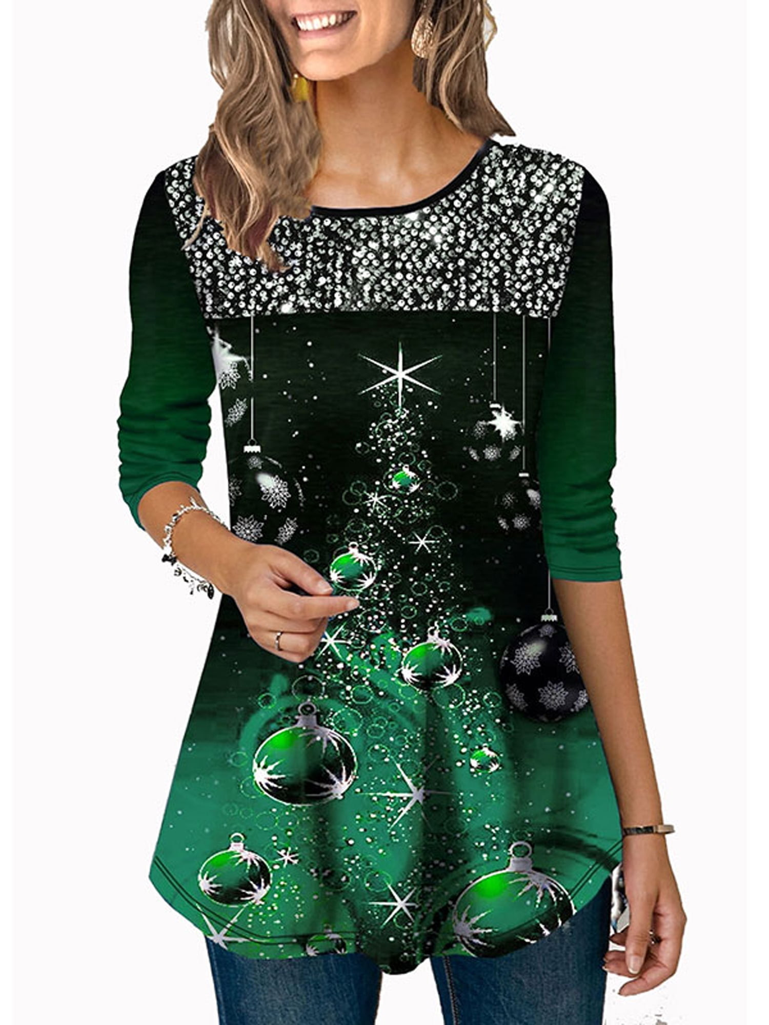 Christmas top Womens Plus Size Lovely Lallc Women S Christmas Sequin Plus Size 3 4 Sleeve Crew Neck Blouse