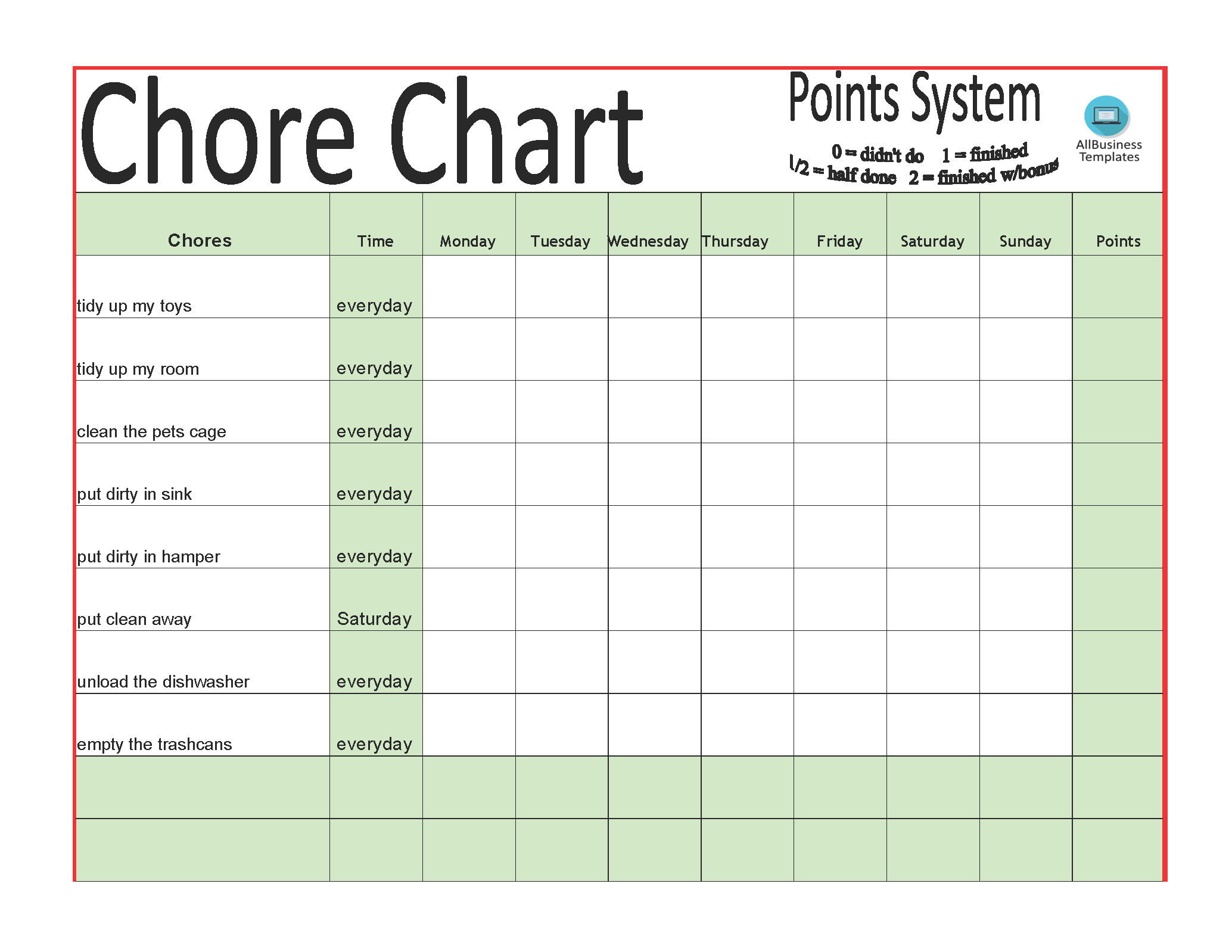 Excel Chore Chart Inspirational 免费 Chore Chart Template In Excel