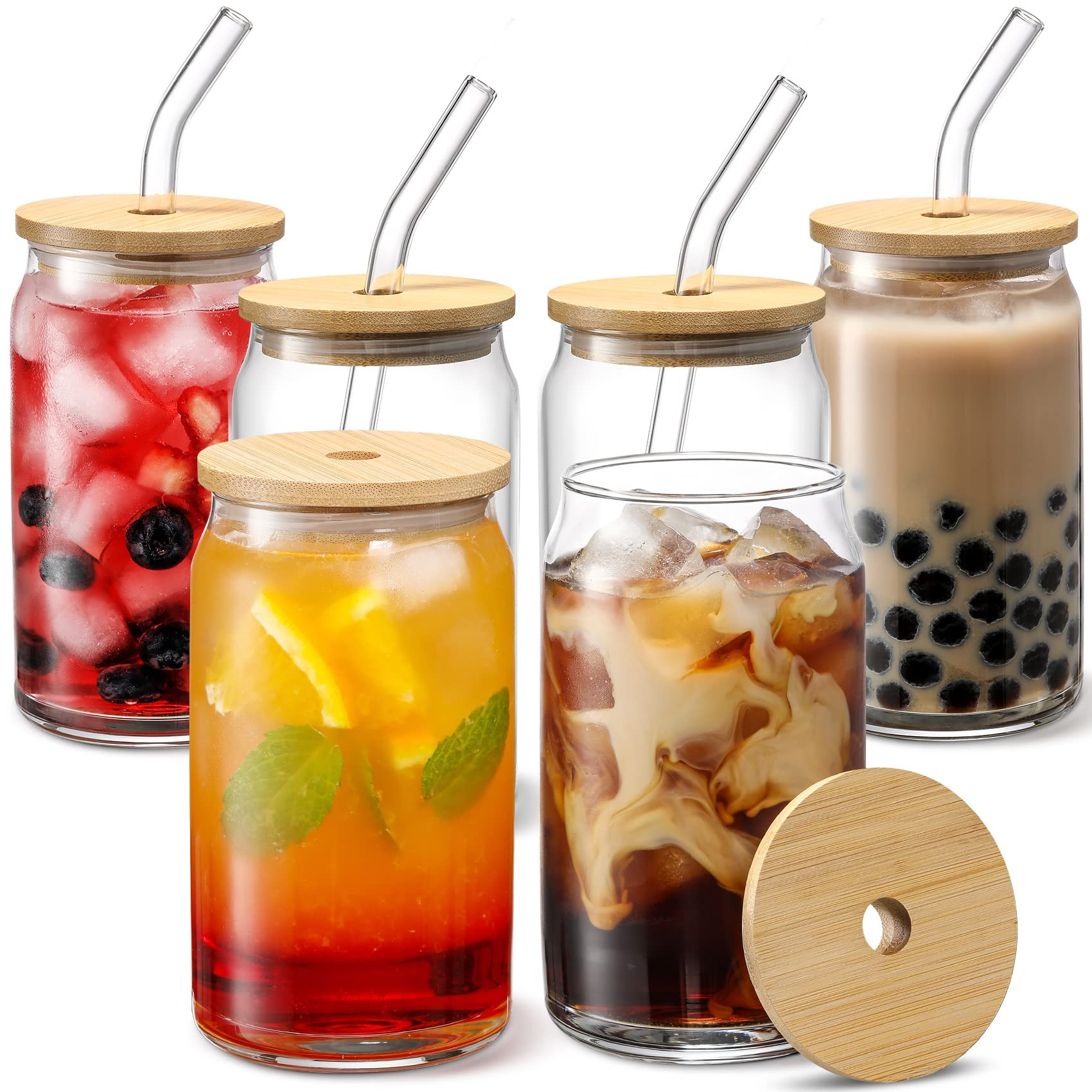 Glass Cups with Bamboo Lids Luxury [ 6pcs Set ] Glass Cups with Bamboo Lids and Glass Straw Beer Can