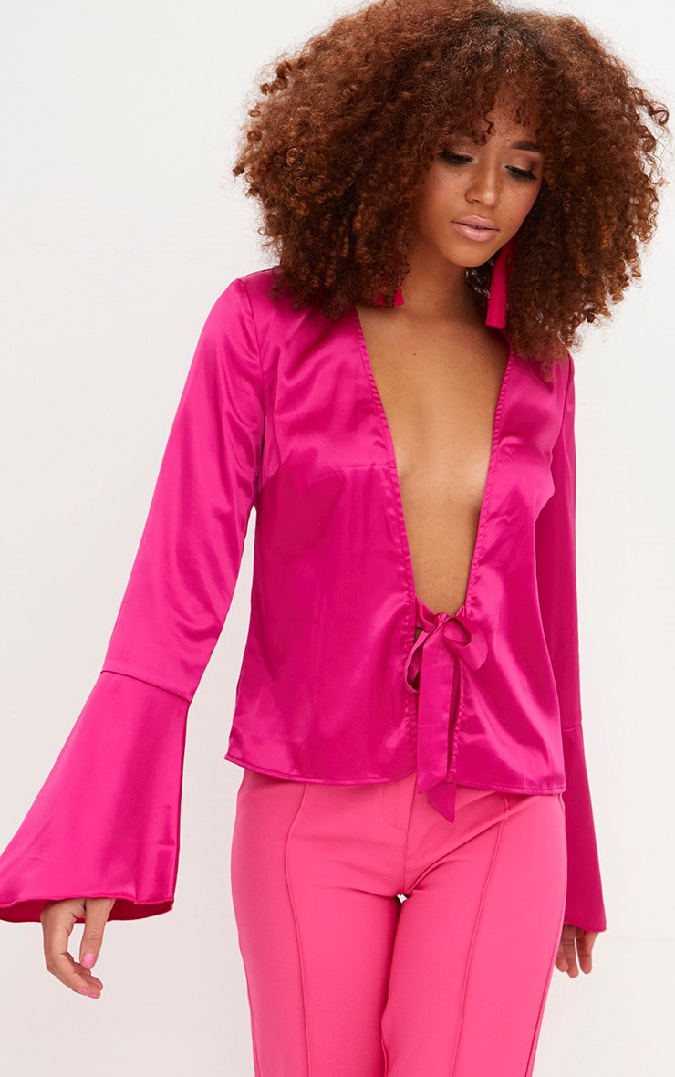 Hot Pink Blouse Beautiful Hot Pink Satin Flute Sleeve Plunge Tie Blouse