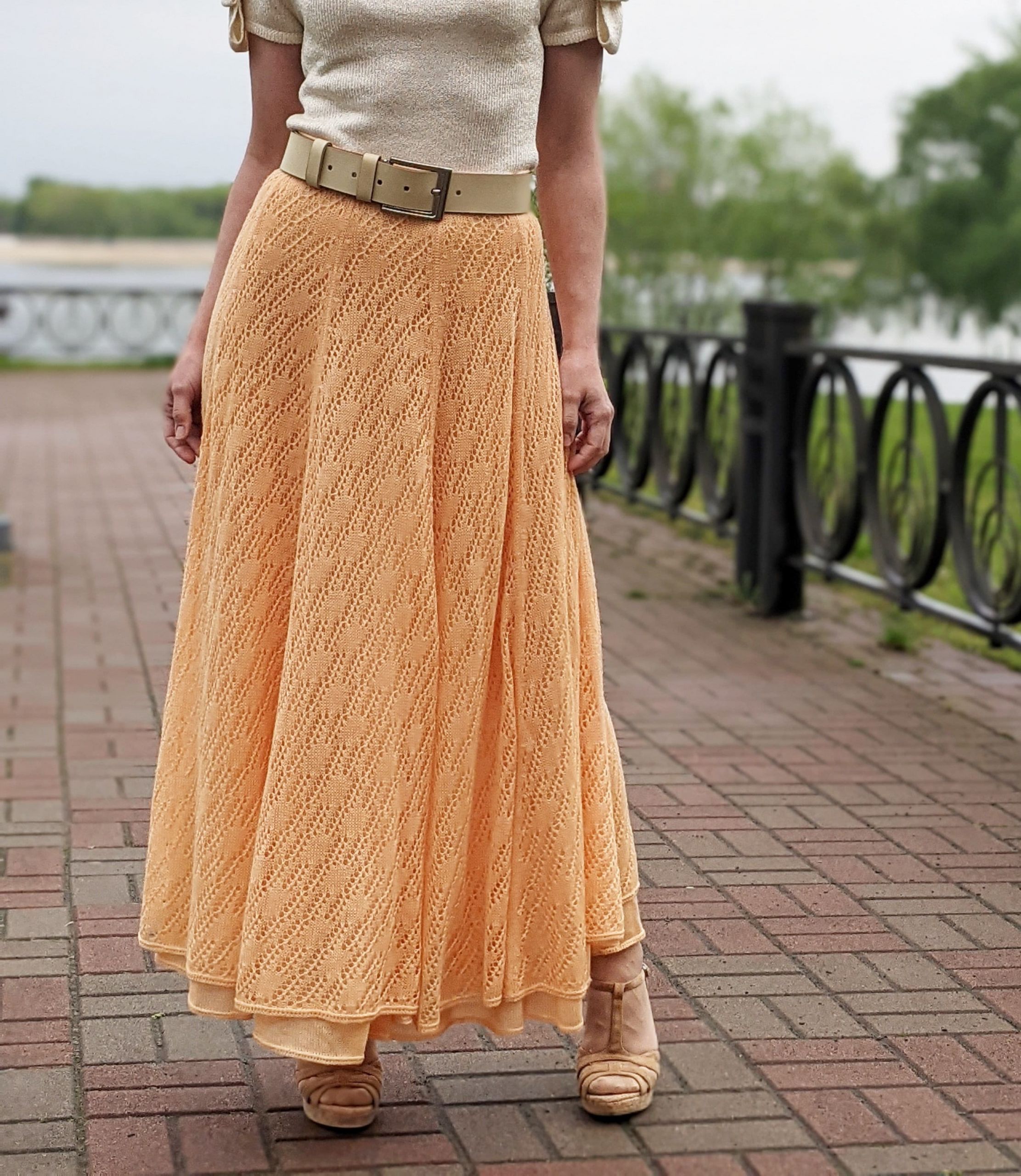 Long Flowy Skirts Elegant orange Flowy Skirt Long Lace Skirt for Women Cotton Knit Skirt