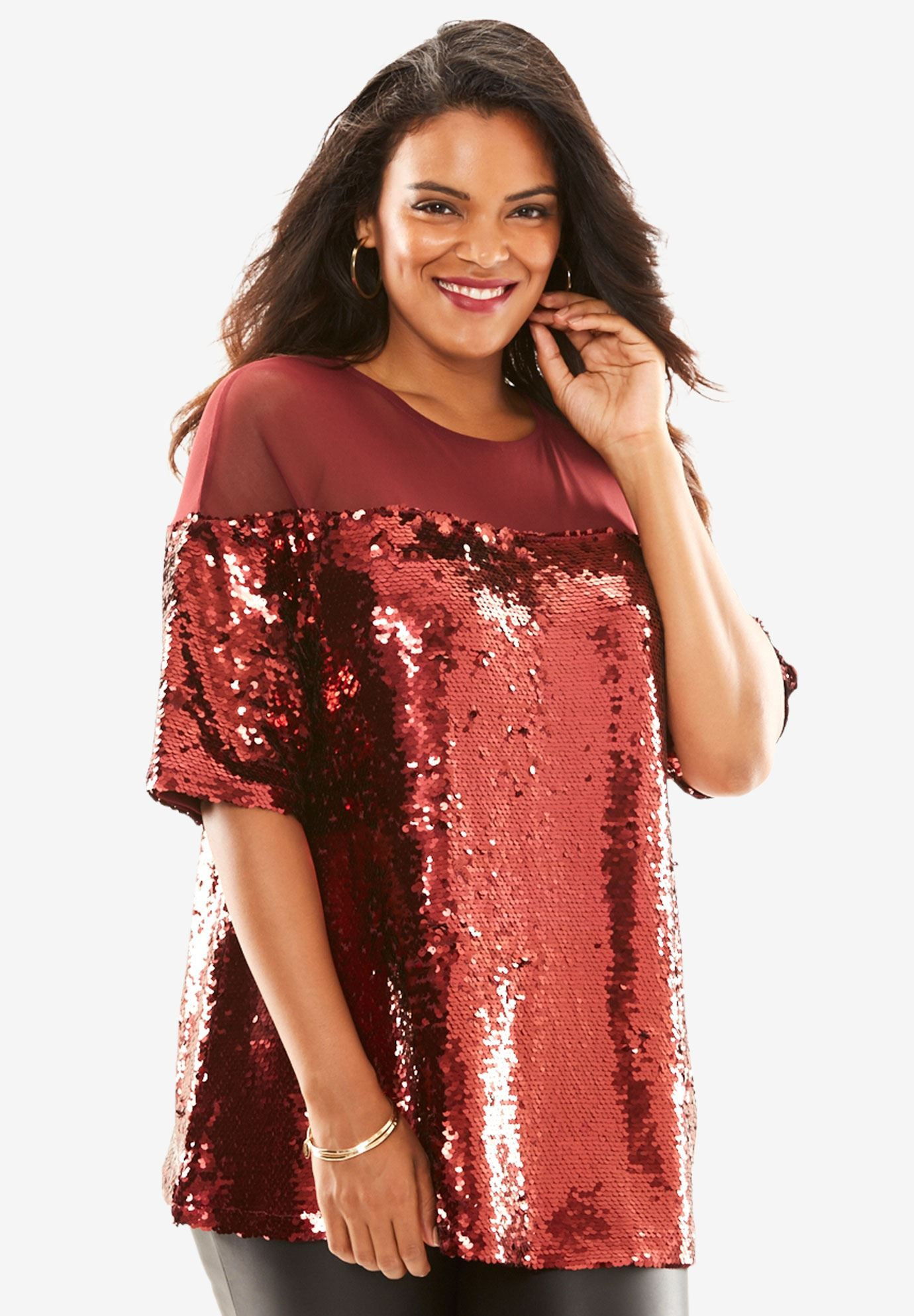 Plus Size Sequin tops Awesome Sequin Illusion Boxy top Rich Burgundy