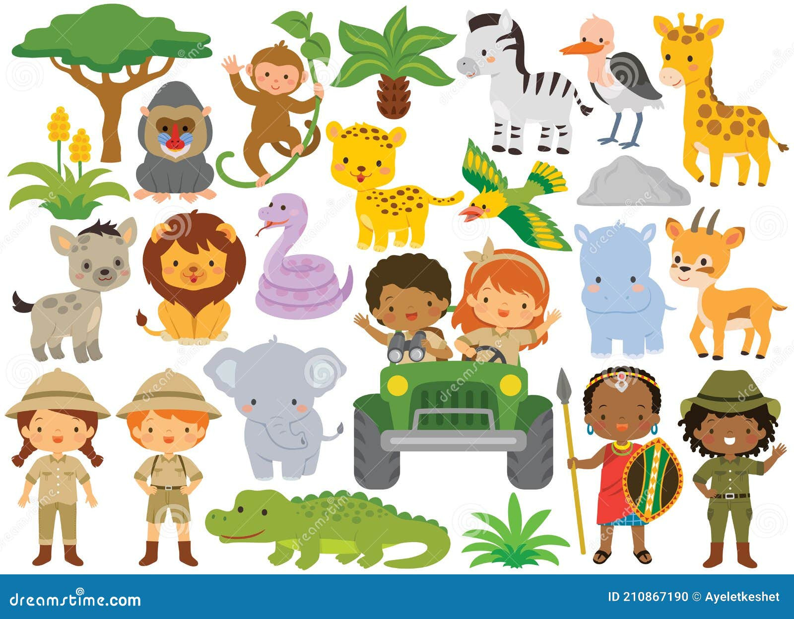 Safari Clip Art Inspirational Safari Clipart Bundle â€“ Cute Animals and Kids Stock Vector