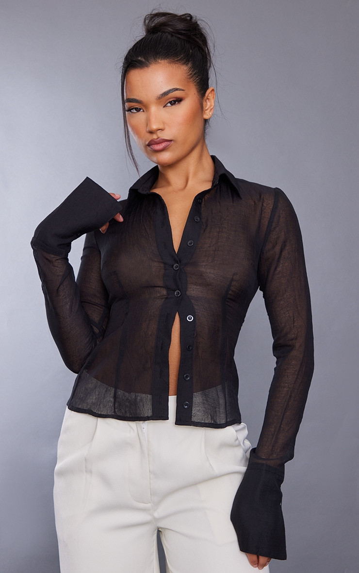 Sheer Black Shirt Elegant Black Sheer Textured Fitted Shirt tops