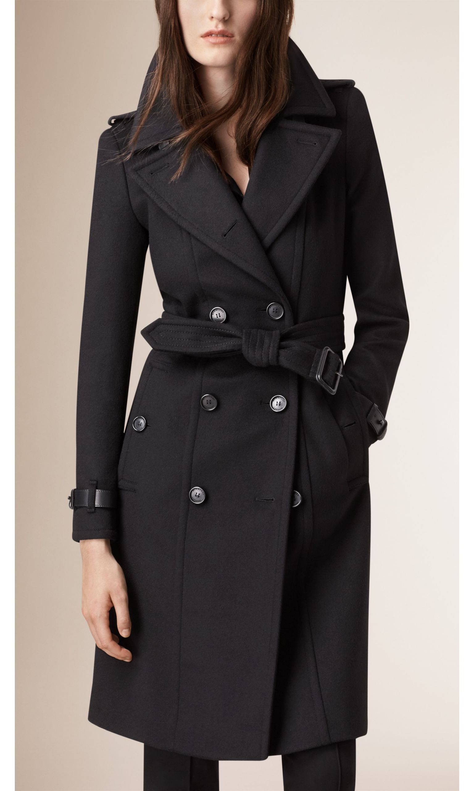 Women&amp;#039;s Trench Coat Fresh Leather Trim Wool Cashmere Trench Coat In Black Women