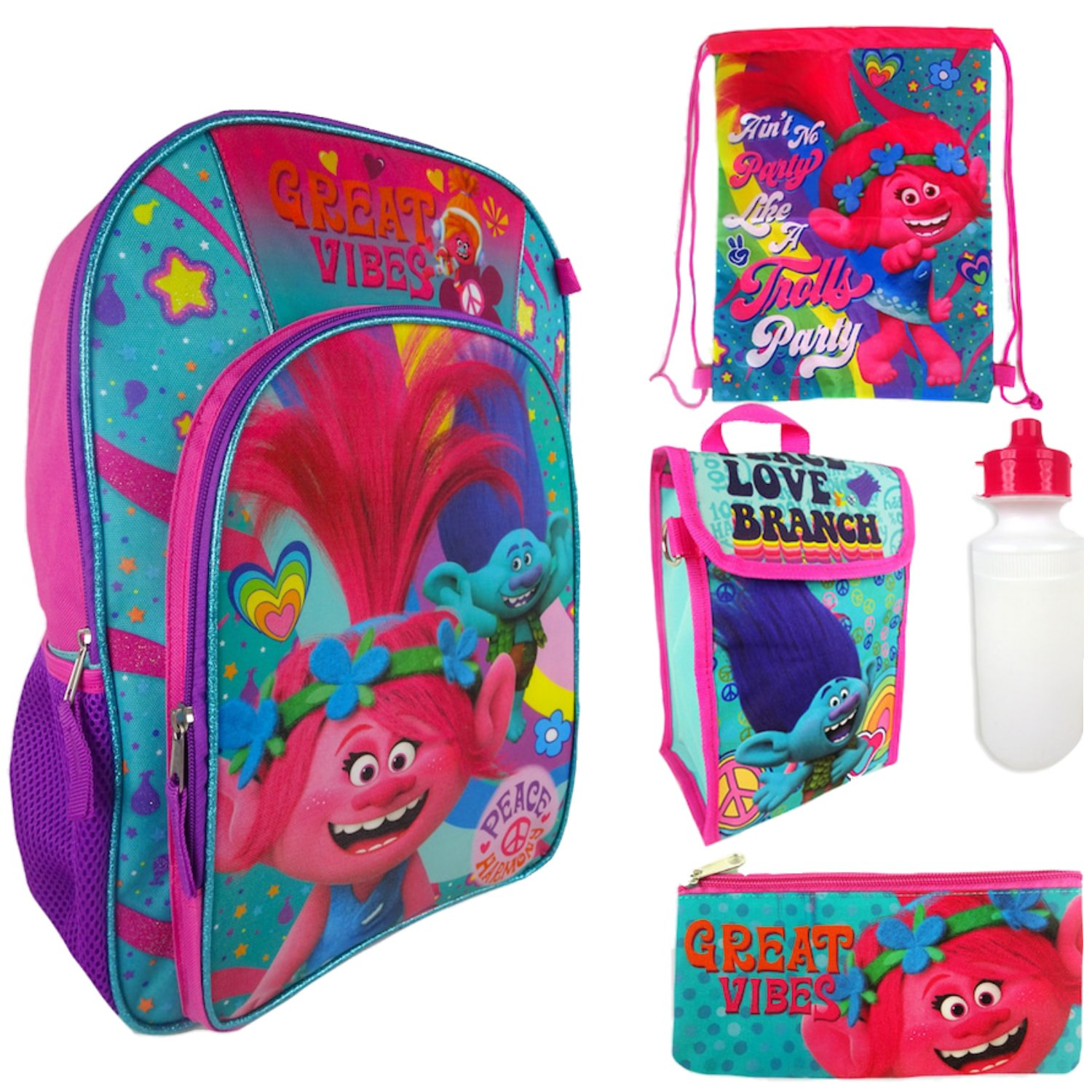 Backpack and Lunchbox Set Beautiful Trolls Backpack and Lunch Box 5 Piece Set with Water Bottle School Bag