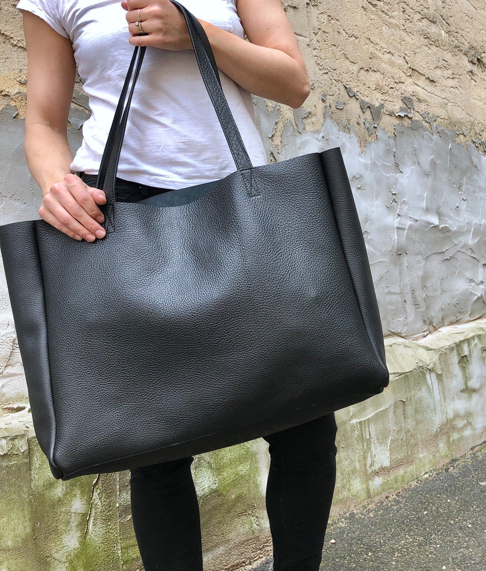 Big Black tote Bag New Extra Black Leather tote Bag Oversized Work and Travel Puter