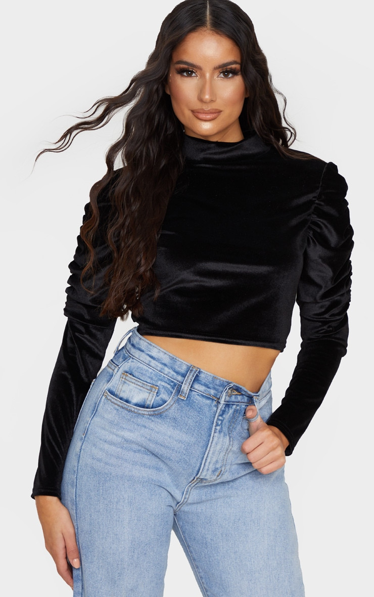 Black Velvet top Womens Best Of Black Velvet Puff Ruched Sleeve Crop top