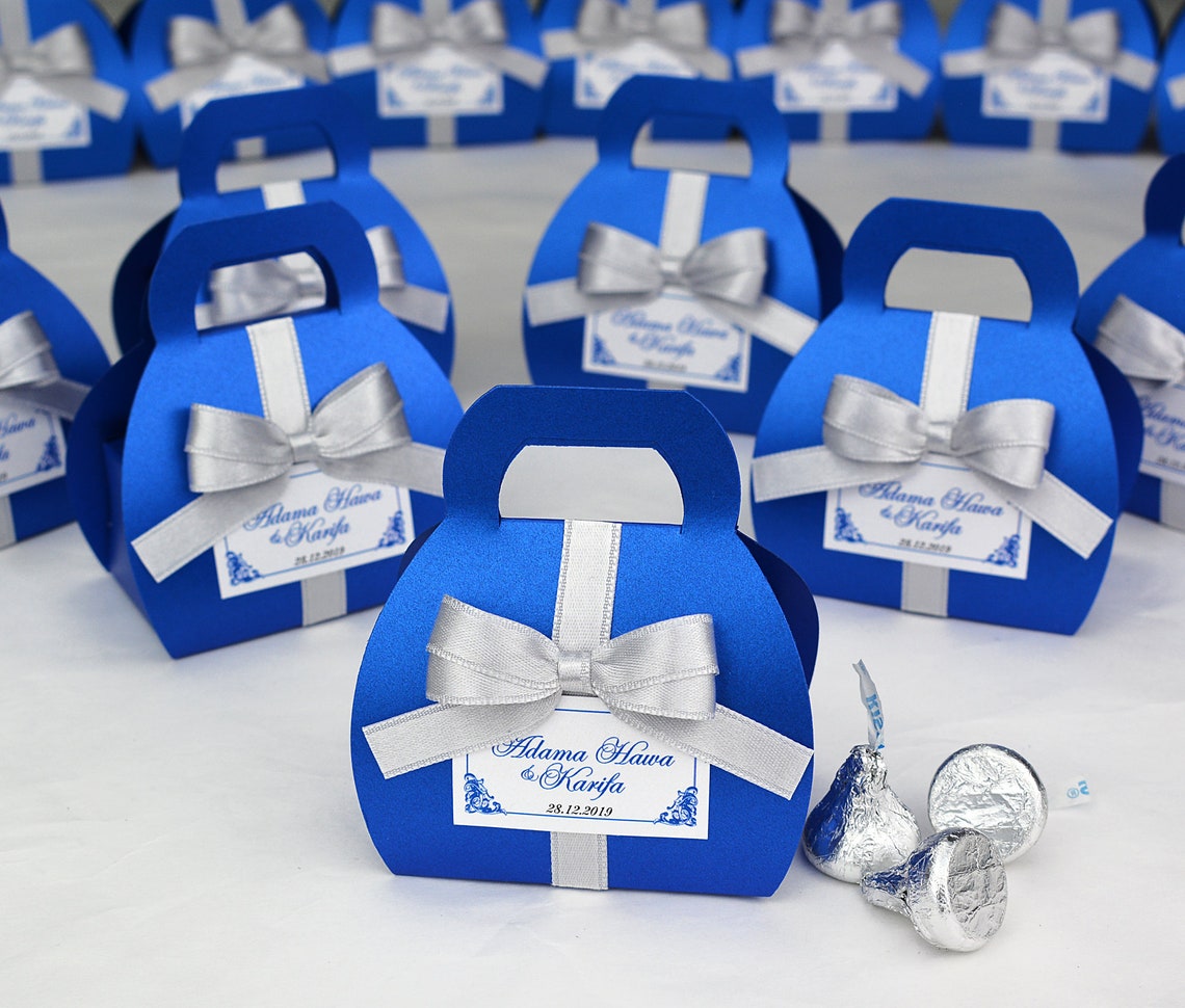 Blue Party Favors Elegant Royal Blue Wedding Favor T Box with Silver Satin Ribbon Bow