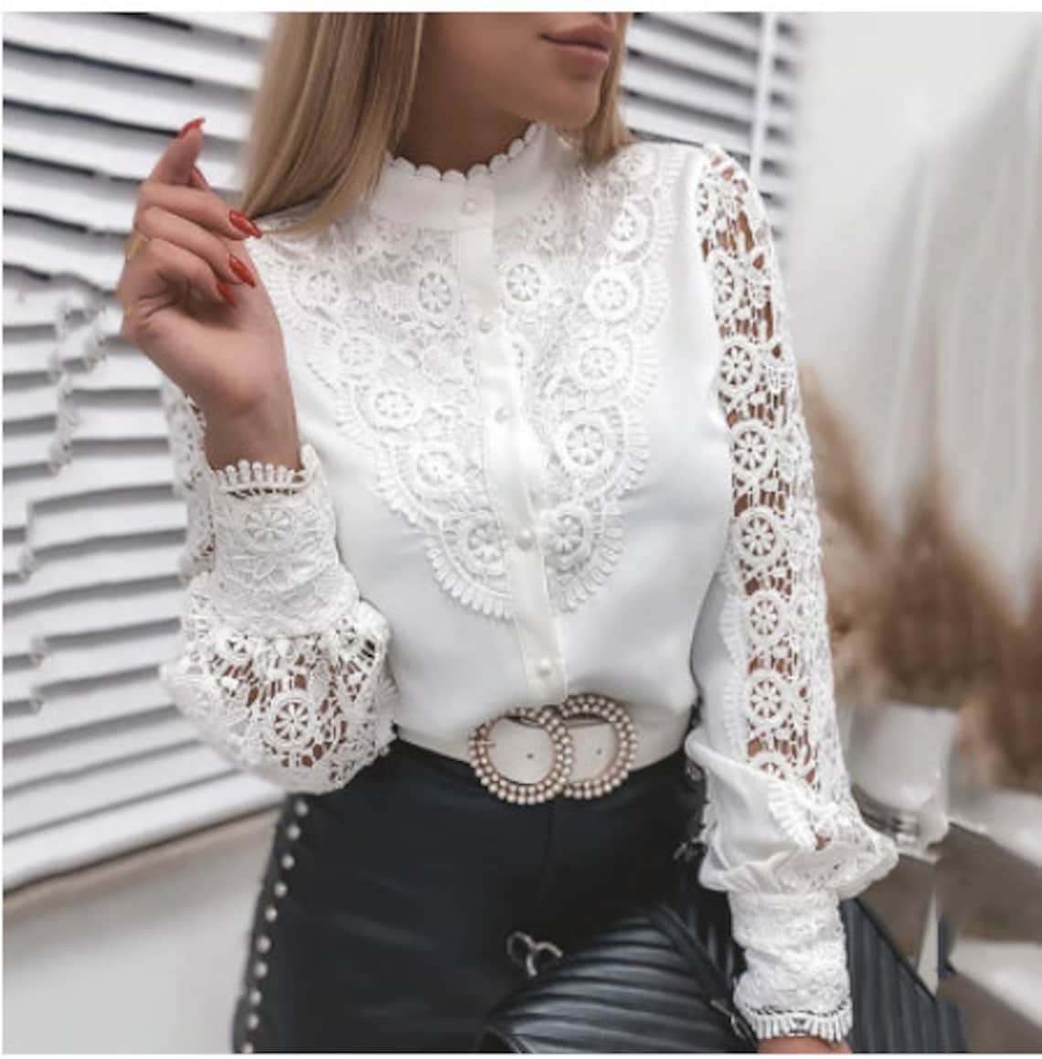 Elegant White Blouses Luxury White Elegant Lace Long Sleeved Blouse for Women