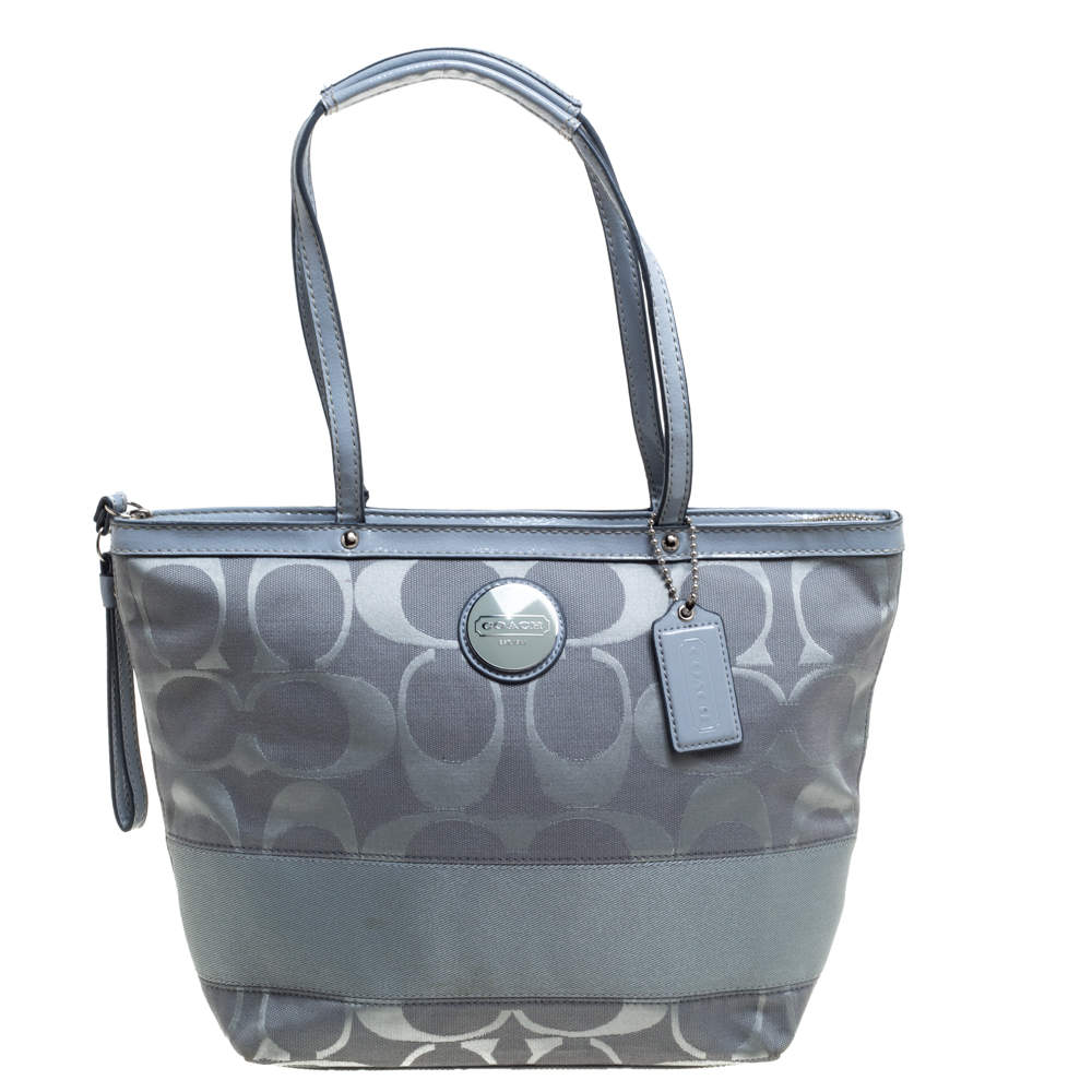 Grey Coach Purse Lovely Coach Dark Grey Signature Canvas and Patent Leather Small tote Coach