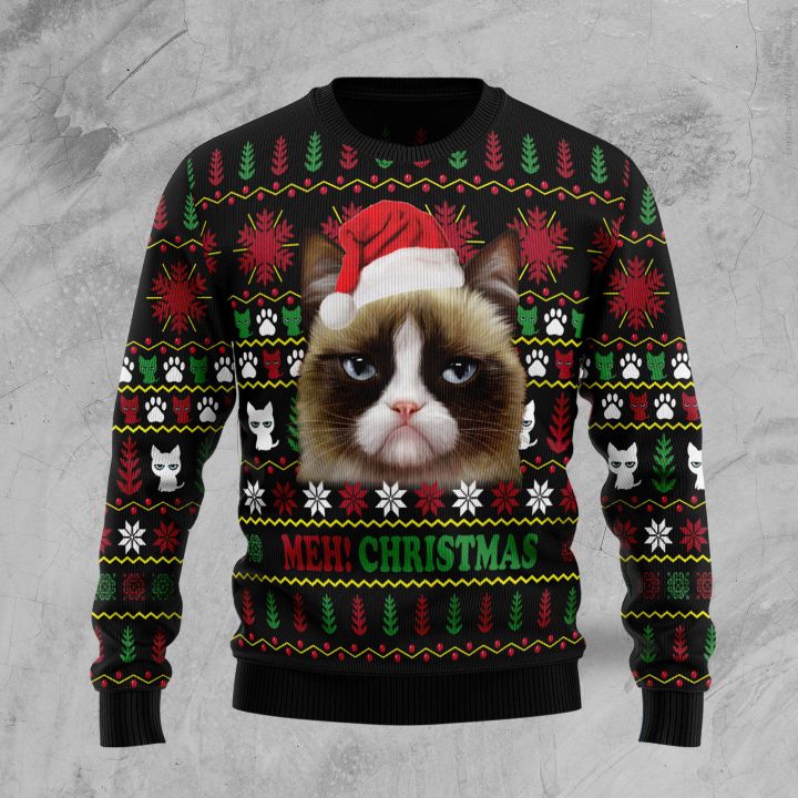 Grumpy Cat Ugly Christmas Sweater Best Of [the Best Selling] Grumpy Cat Meh Christmas All Over Printed Ugly