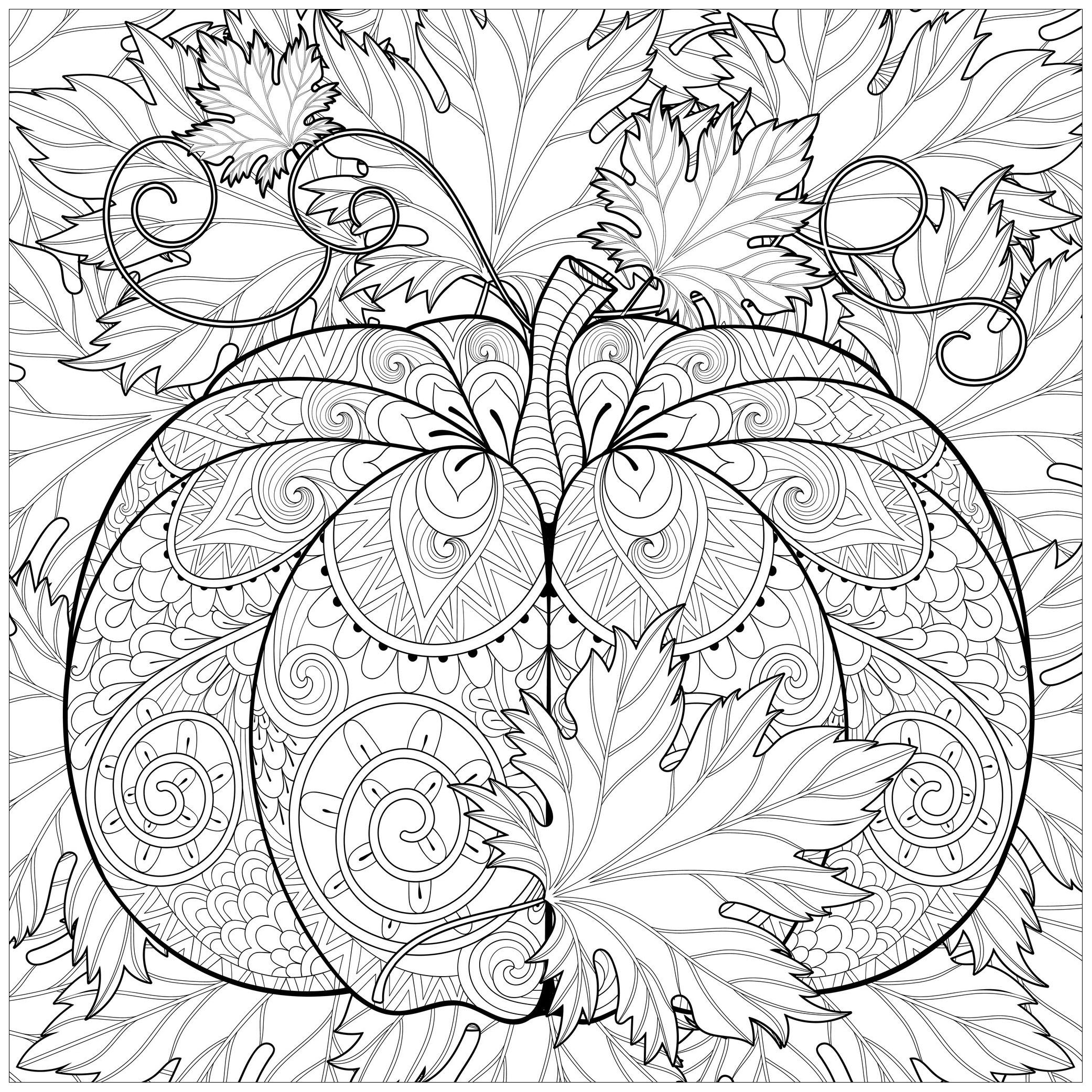 Halloween Coloring Pages for Adults Awesome Decorated Pumpkin with Autumn Leaves Halloween Adult Coloring Pages