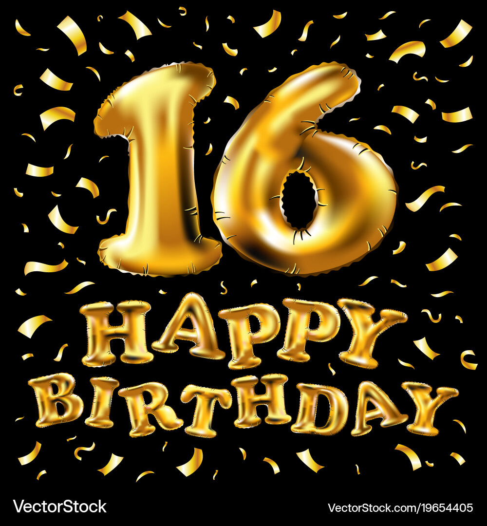 Happy Sixteen Birthday Unique 16th Birthday Celebration with Gold Balloons and Vector Image