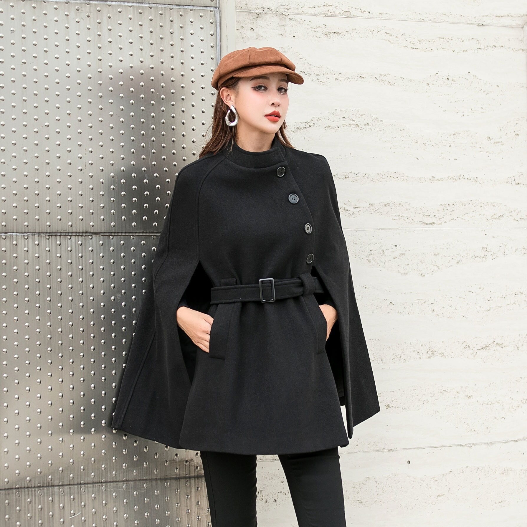 Ladies Cape Coat Beautiful Black Wool Cape Coat Women Mod Belted Cape Coat with Pockets