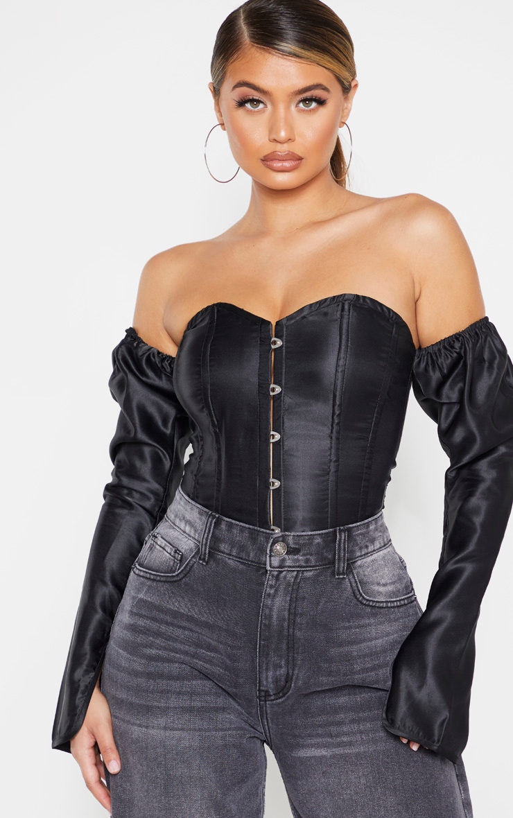 Long Sleeve Corset top New Black Satin Long Sleeve Bardot Corset top