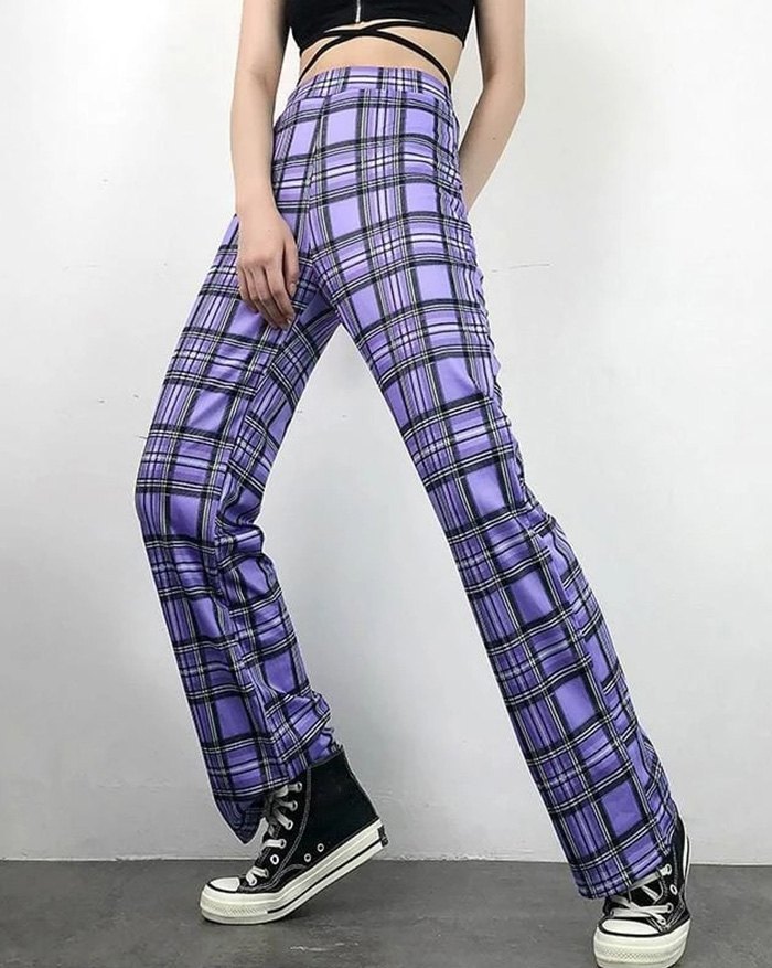 Purple Plaid Pants Unique Emmiol Free Shipping 2023 High Waist Purple Plaid Pants Purple S In