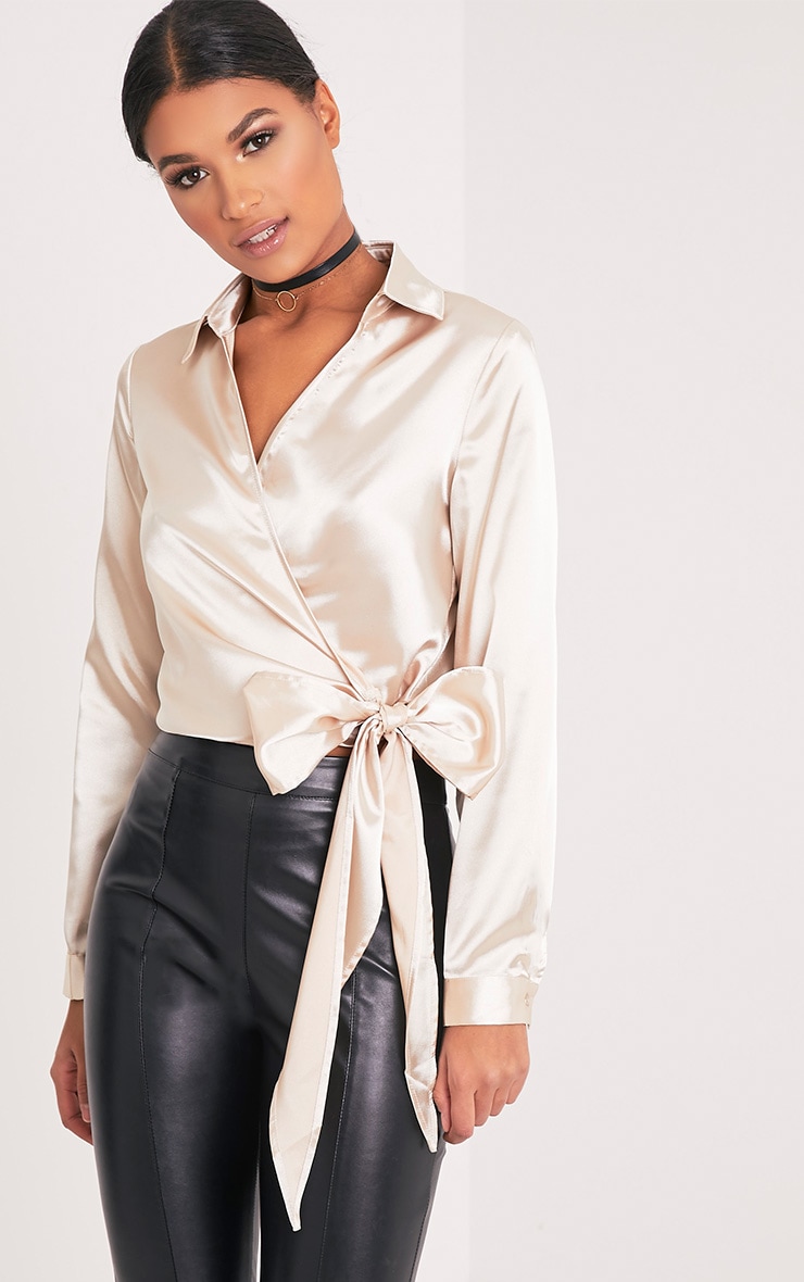 Satin Wrap Blouse Elegant Alex Champagne Satin Wrap Cropped Blouse