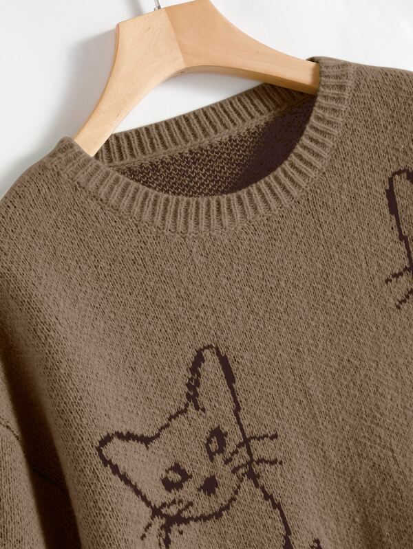 Shein Cat Sweater Luxury Shein Ezwear Cat Pattern Drop Shoulder Sweater