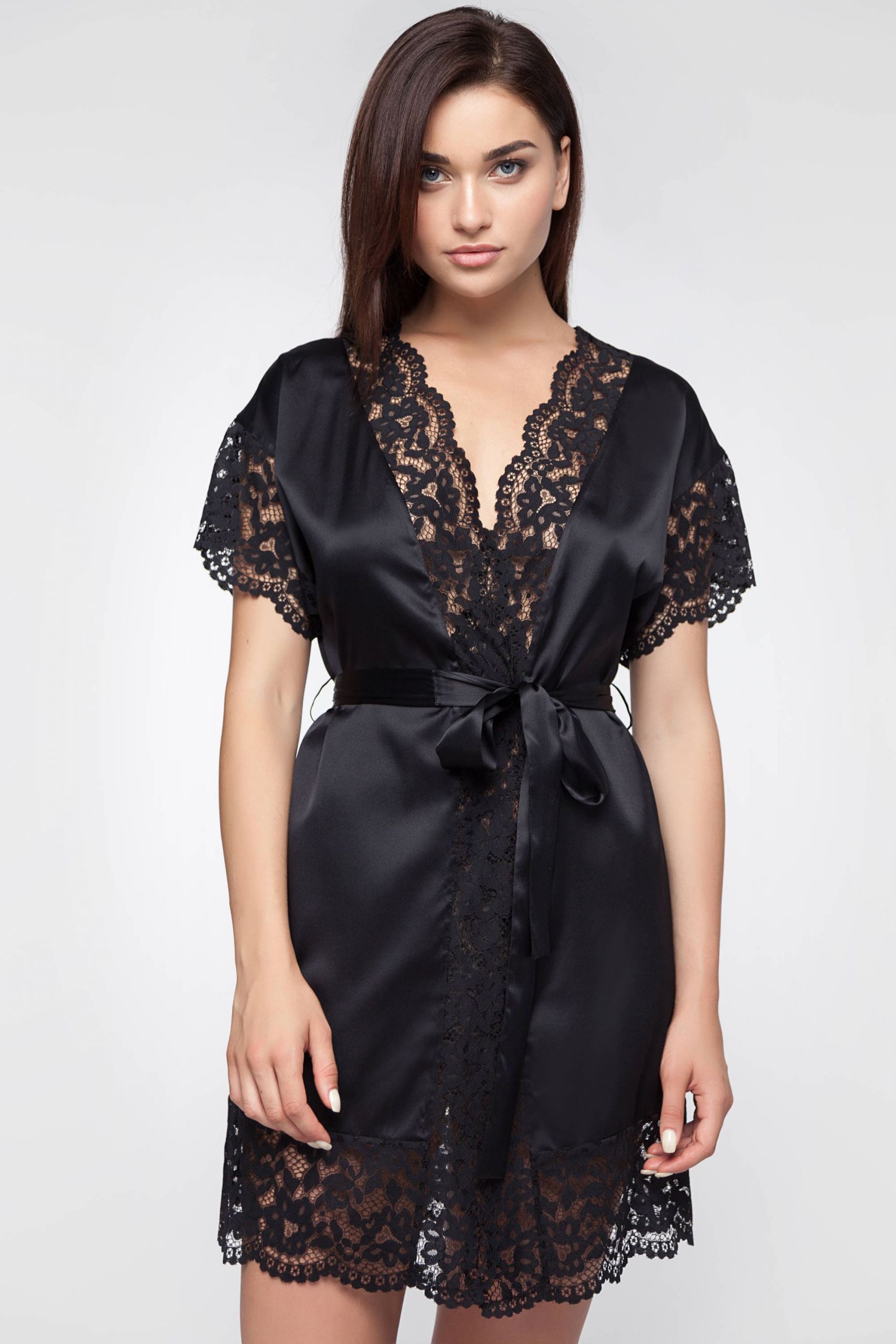 Short Silk Robe Elegant Short Black Silk Robe with Lace Lace Trimmed Black Robe Y