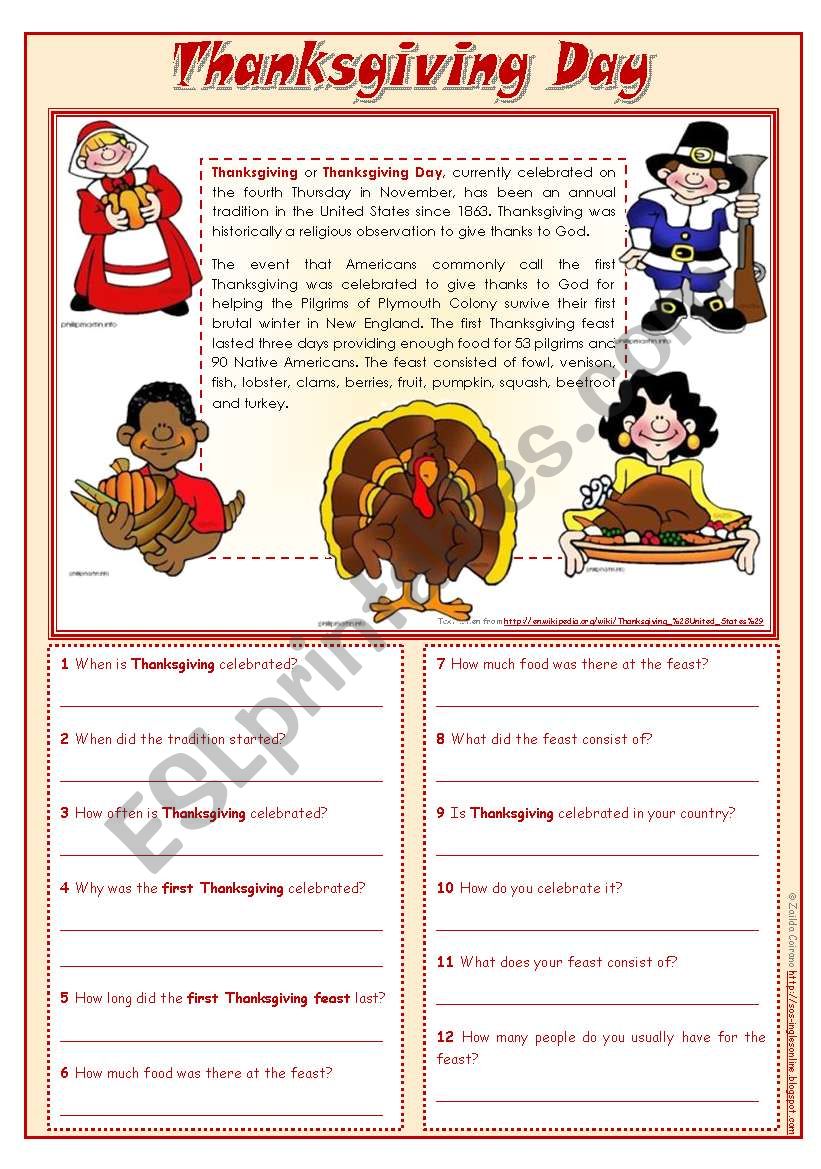 Thanksgiving Day Lesson Lovely Thanksgiving Day Reading Prehension Editable Esl Worksheet by