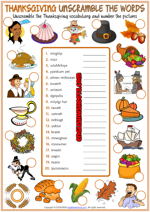 Thanksgiving Unscramble the Words Lovely Thanksgiving Esl Printable Unscramble the Words Worksheet