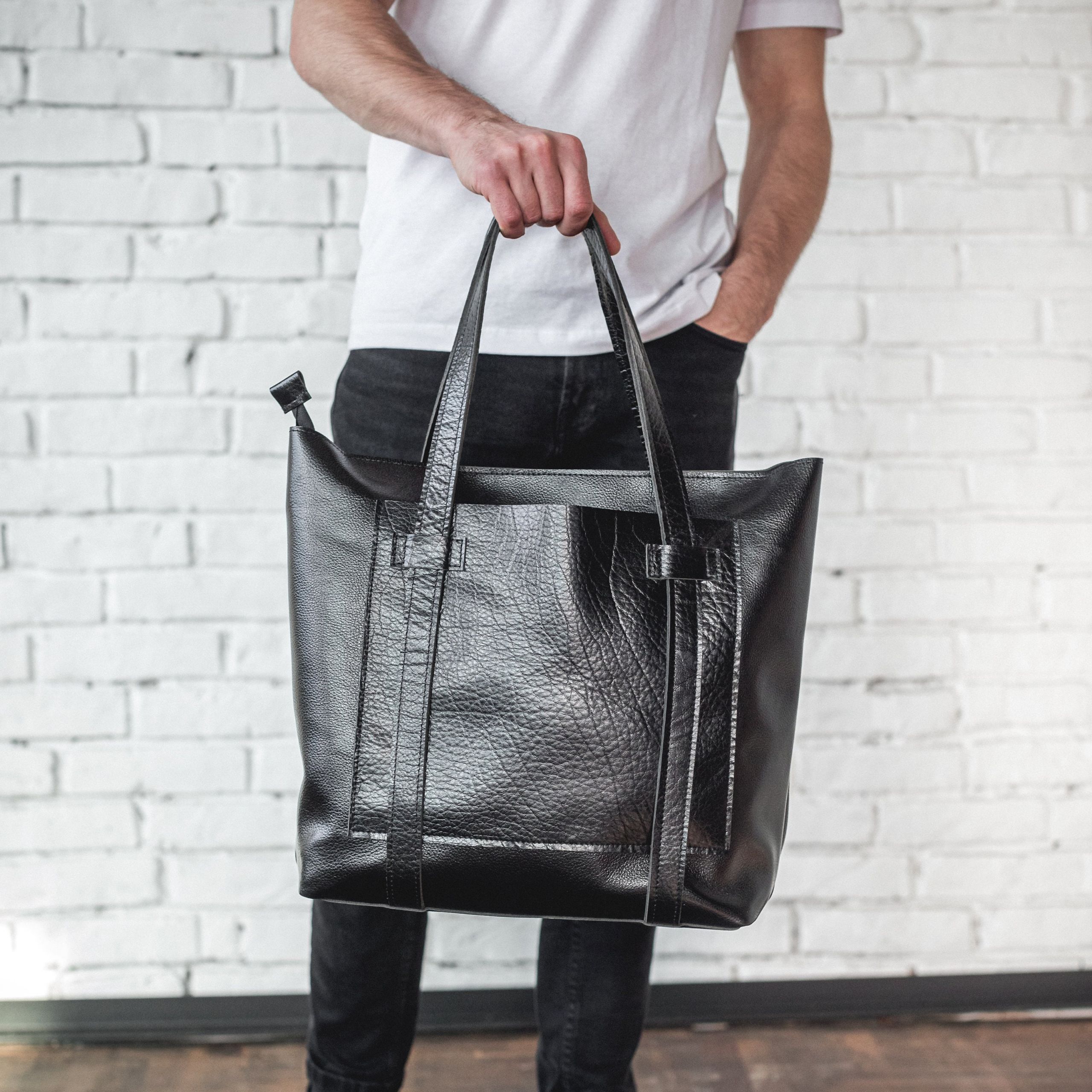 Tote Bag for Men Awesome Leather tote Bag for Men with Zipper Black Leather Shoulder