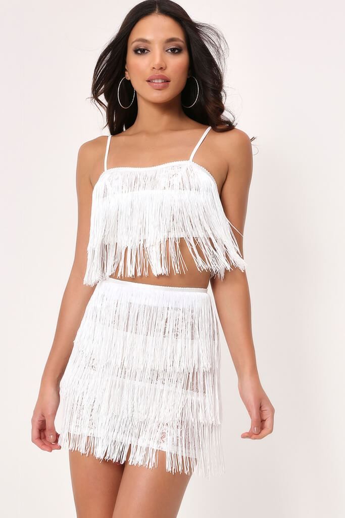 White Fringe Skirt Elegant White Fringe &amp; Lace Mini Skirt